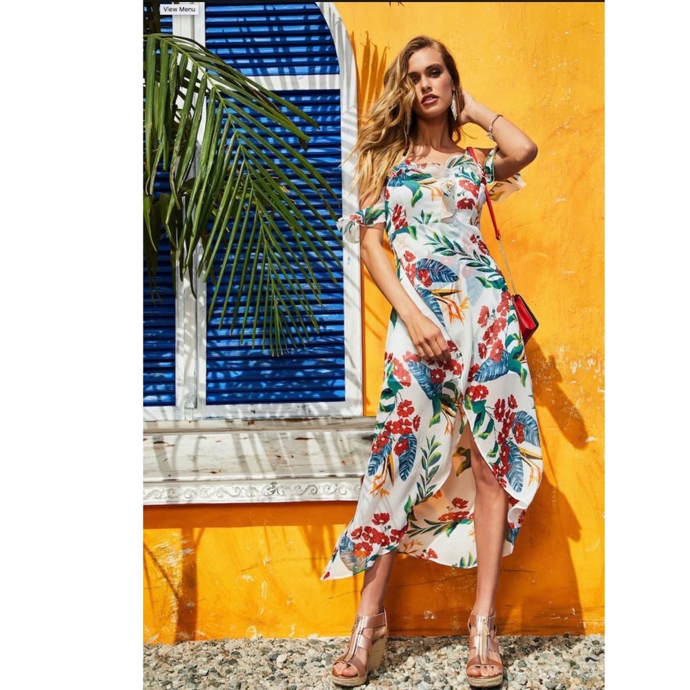Guess Los Angeles Tropical Floral Cold Shoulder High Low Maxi Dress White Small